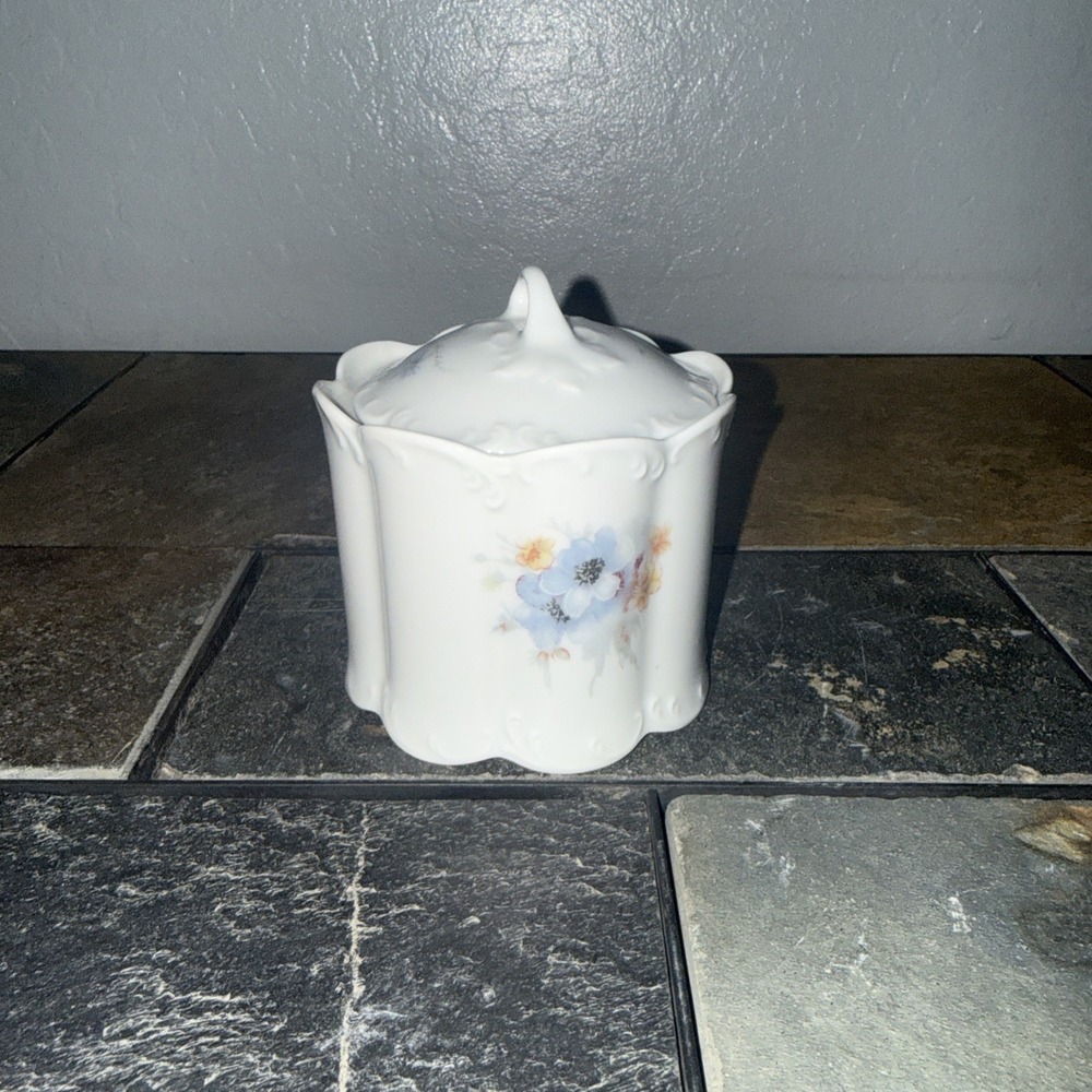 Vintage White Porcelain Floral Sugar Bowl with Lid Scalloped Embossed Scrollwork
